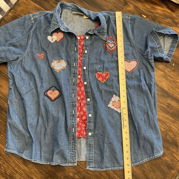 At Last Woman Size 22/24W Denim Button Up Shirt Hearts Embroidery Cottage Granny - Picture 10 of 13